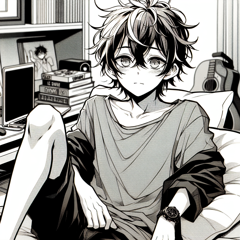 Teenage Anime Boy in Comfy Outfit at Home