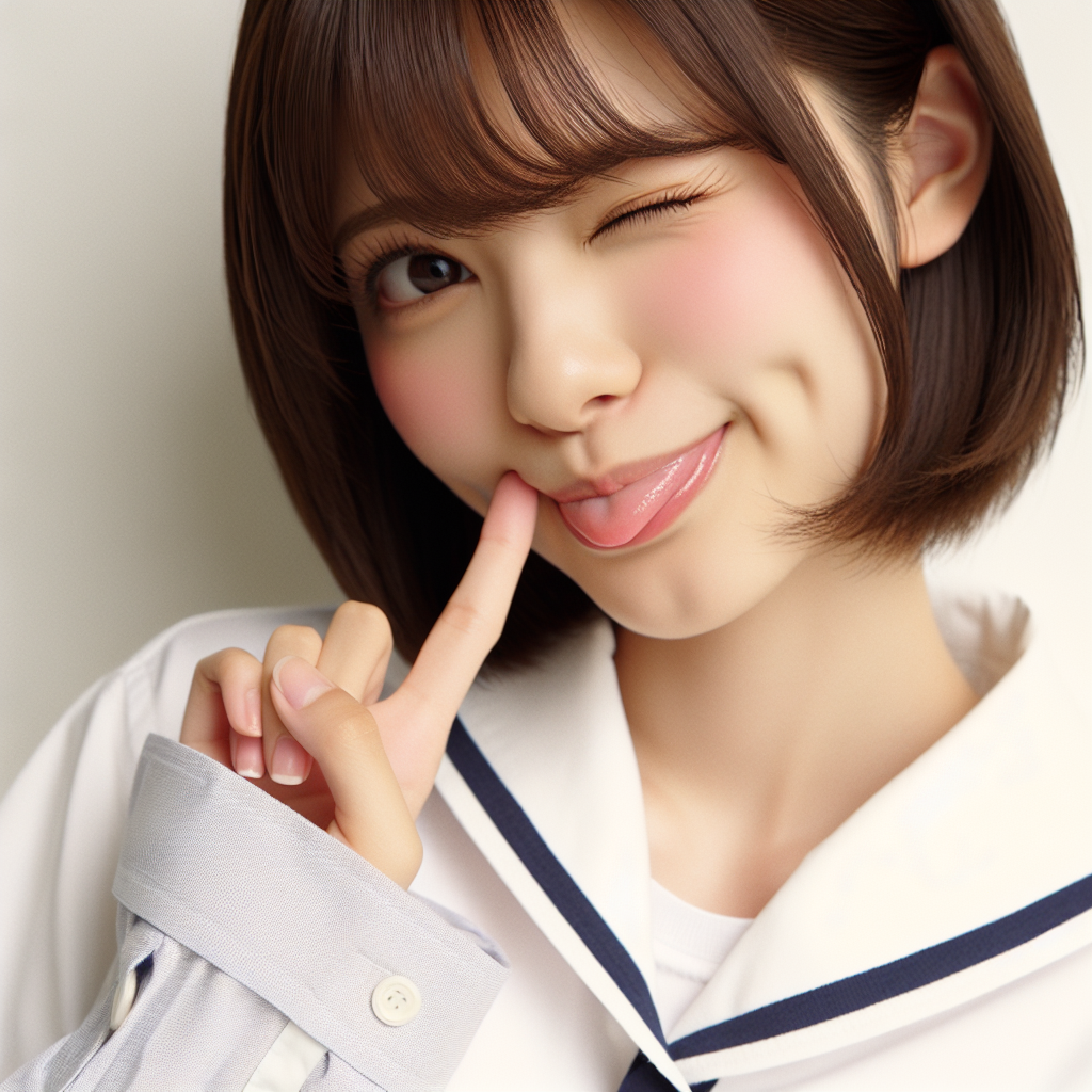 Playful Japanese School Girl with Fair Skin and Bob Haircut