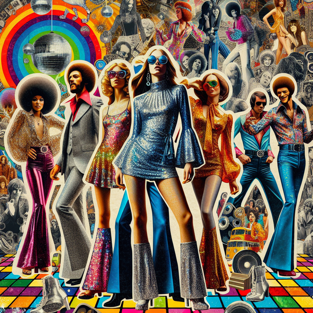 Vibrant 70s Disco Era Collage Featuring Glitz & Glamour