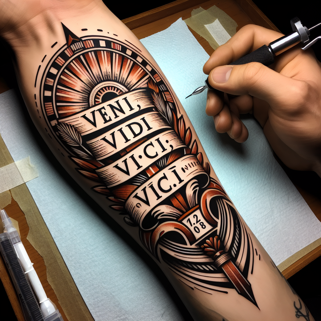 Intricate Roman Tattoo Design with Latin Phrase 'Veni, vidi, vici' and Additional Elements