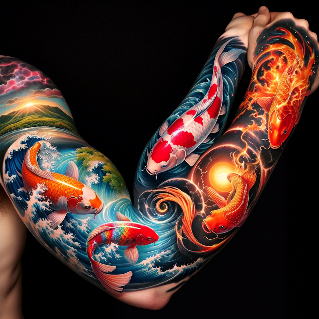 Full Arm Tattoo: Four Elements in Japanese Style