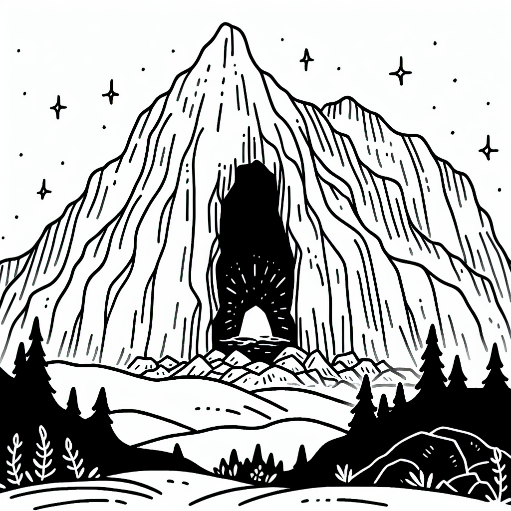 Mountain Coloring Page with Lit Cave