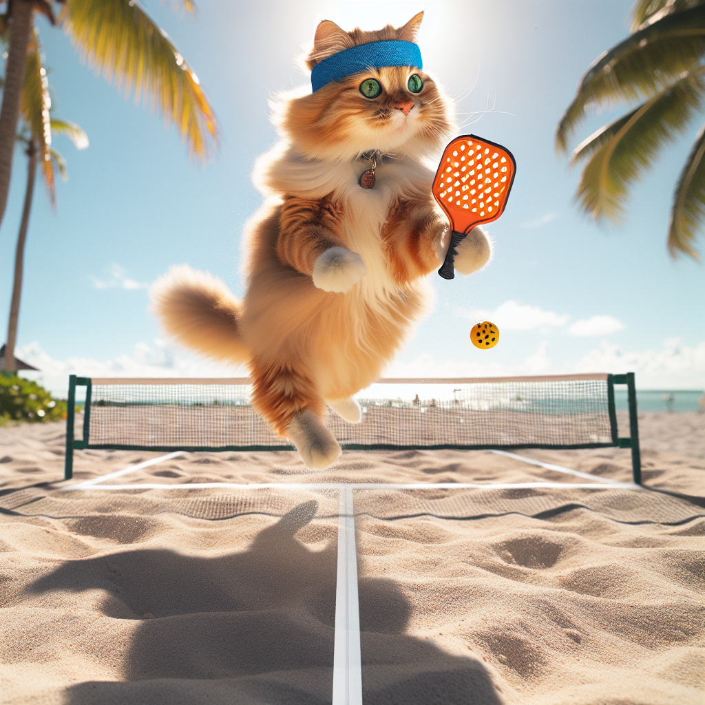 Fluffy Orange Tabby Cat Playing Pickleball on a Sunny Beach