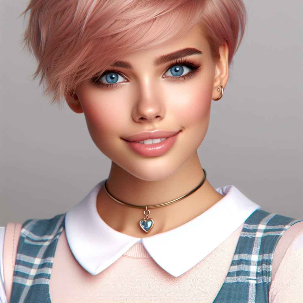 Fashionable Preppy Style Girl with Short Pink Hair & Blue Eyes