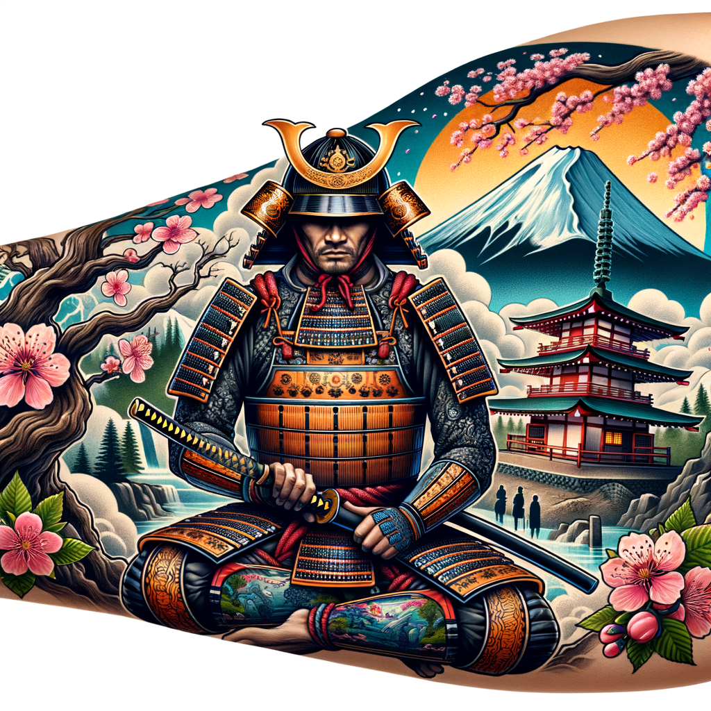 Vivid Samurai with Cherry Blossom Tree & Japanese Temple Tattoo