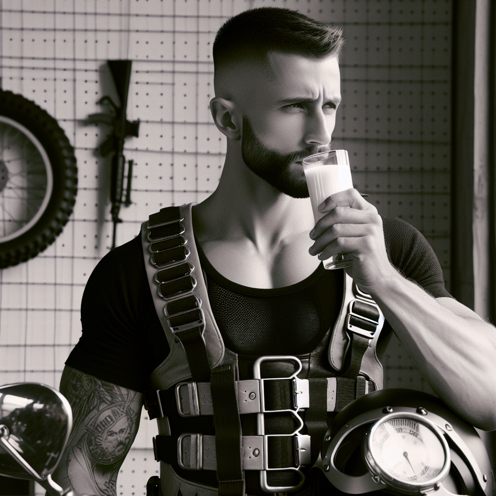 Man in BDSM Harness Sipping Milk