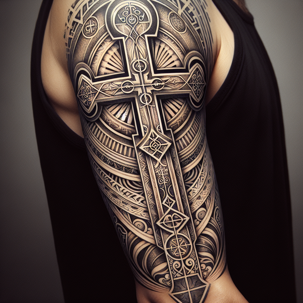 Detailed Forearm Tattoo of Orthodox Cross with Trinity Symbolism