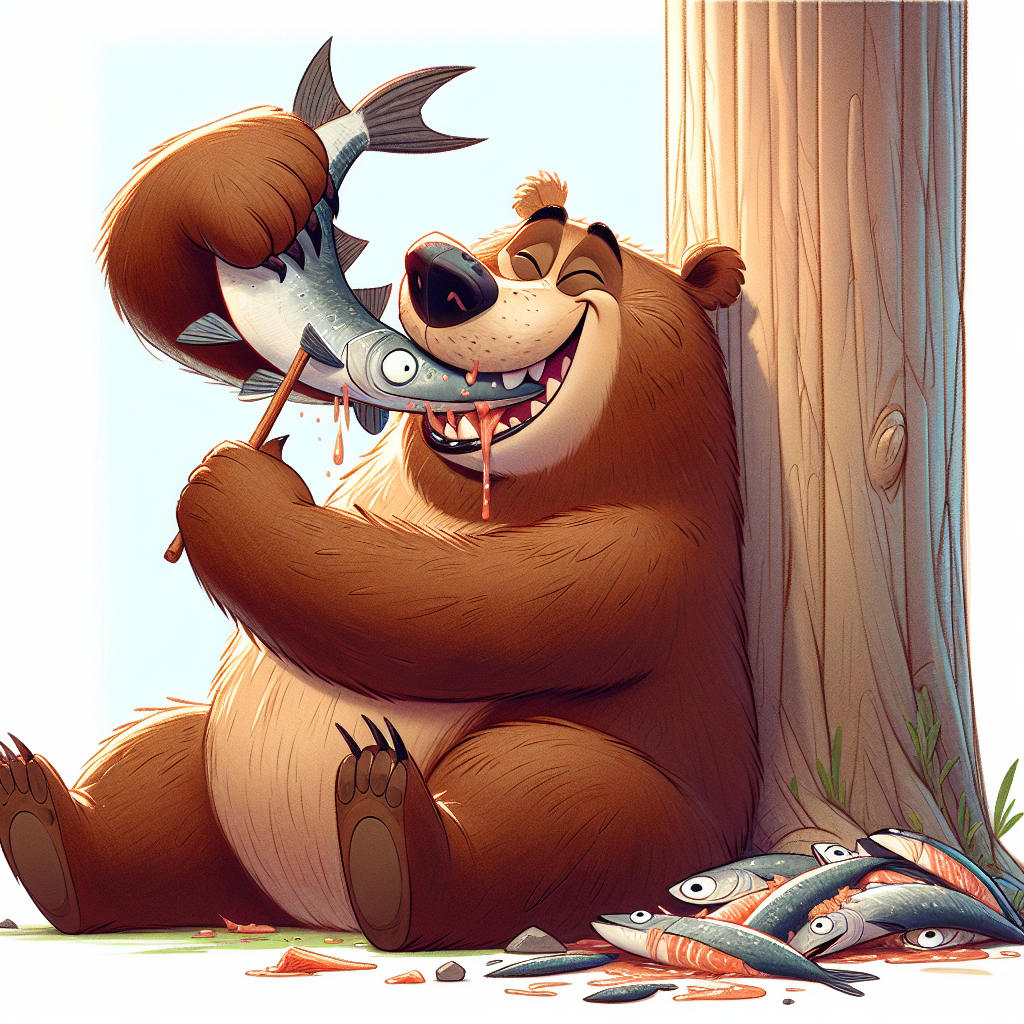 Playful Cartoon Brown Bear Eating a Large Fish