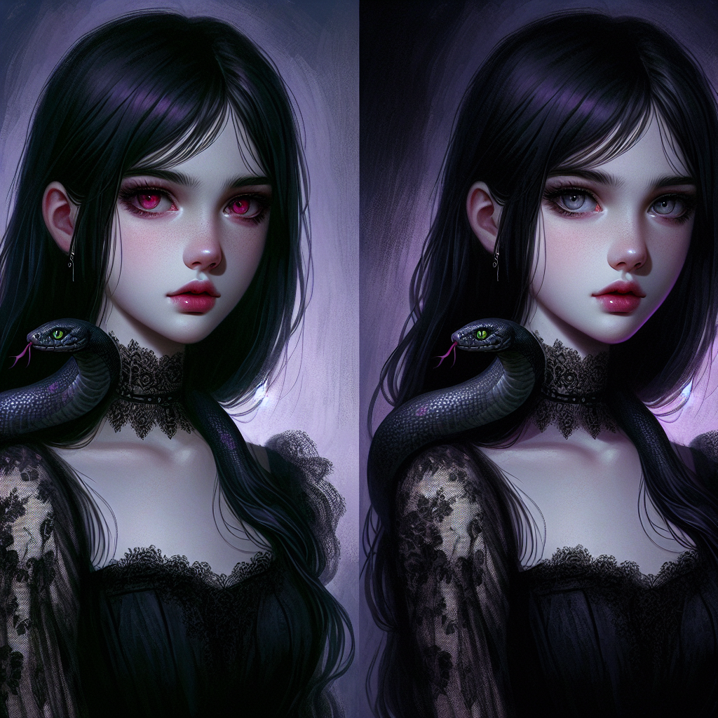 Gothic Fantasy Digital Painting: Young Girl with Black Hair and Red Eyes