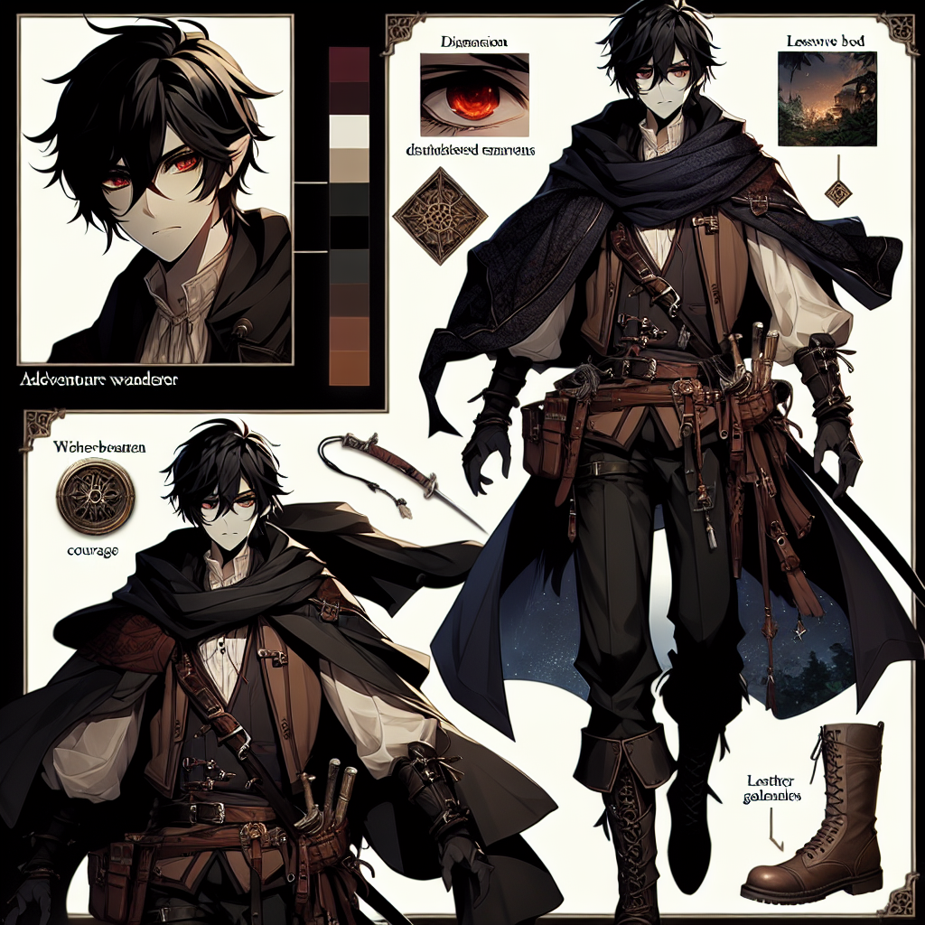 Male Anime Medieval Fantasy Adventurer with Black Hair and Red Eyes