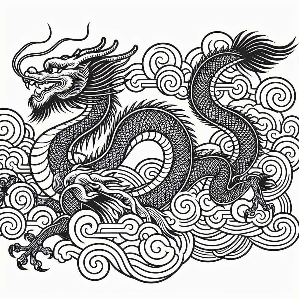 Simplified Chinese Dragon Outline in Traditional Art Style