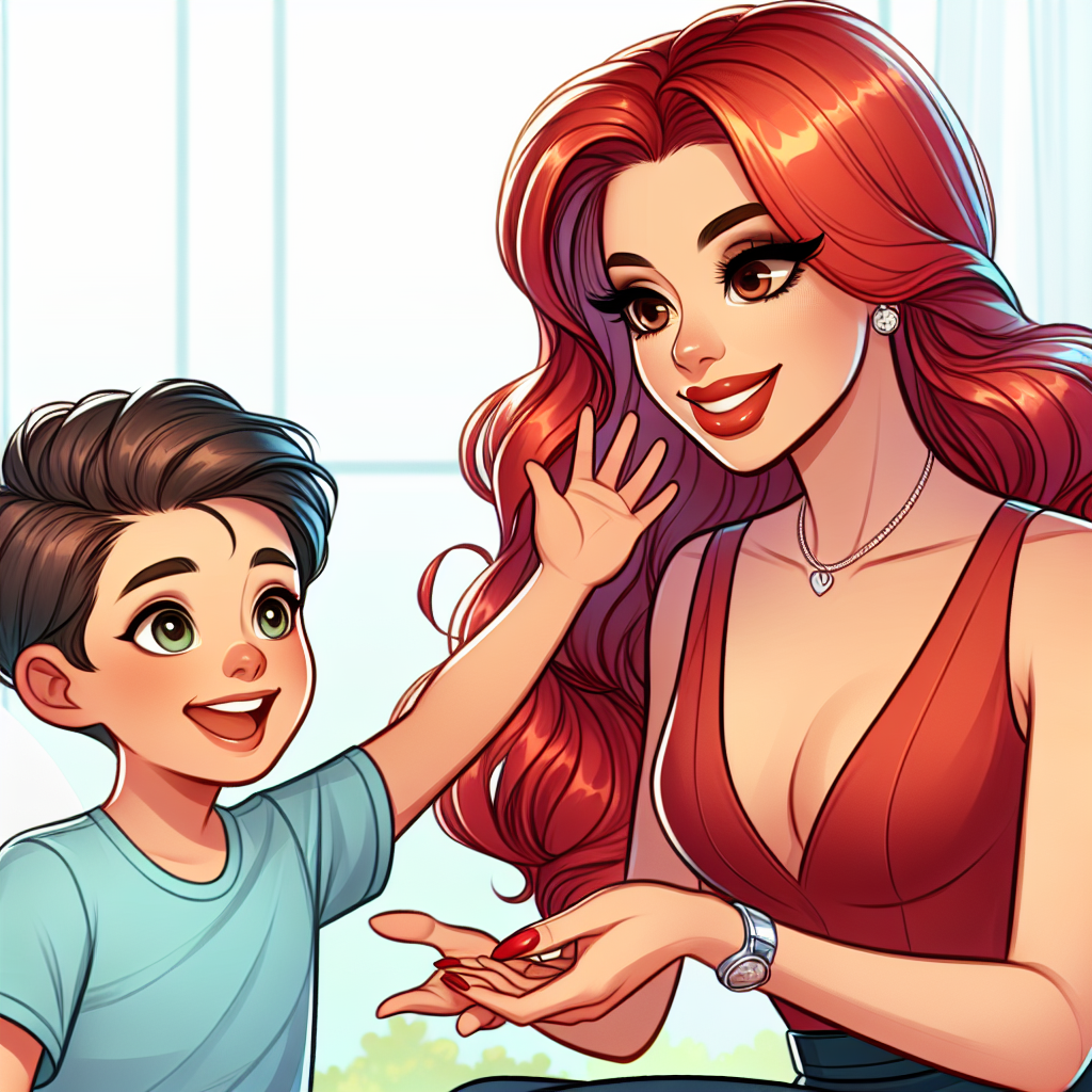 Heartwarming Cartoon Illustration of Redhead Babysitter & Hispanic Boy