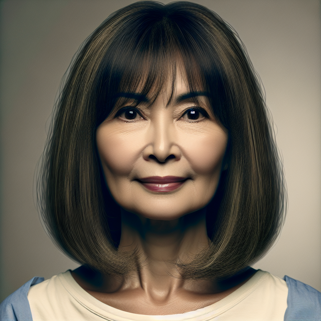 Middle Aged Asian Woman with Bangs and Defined Features